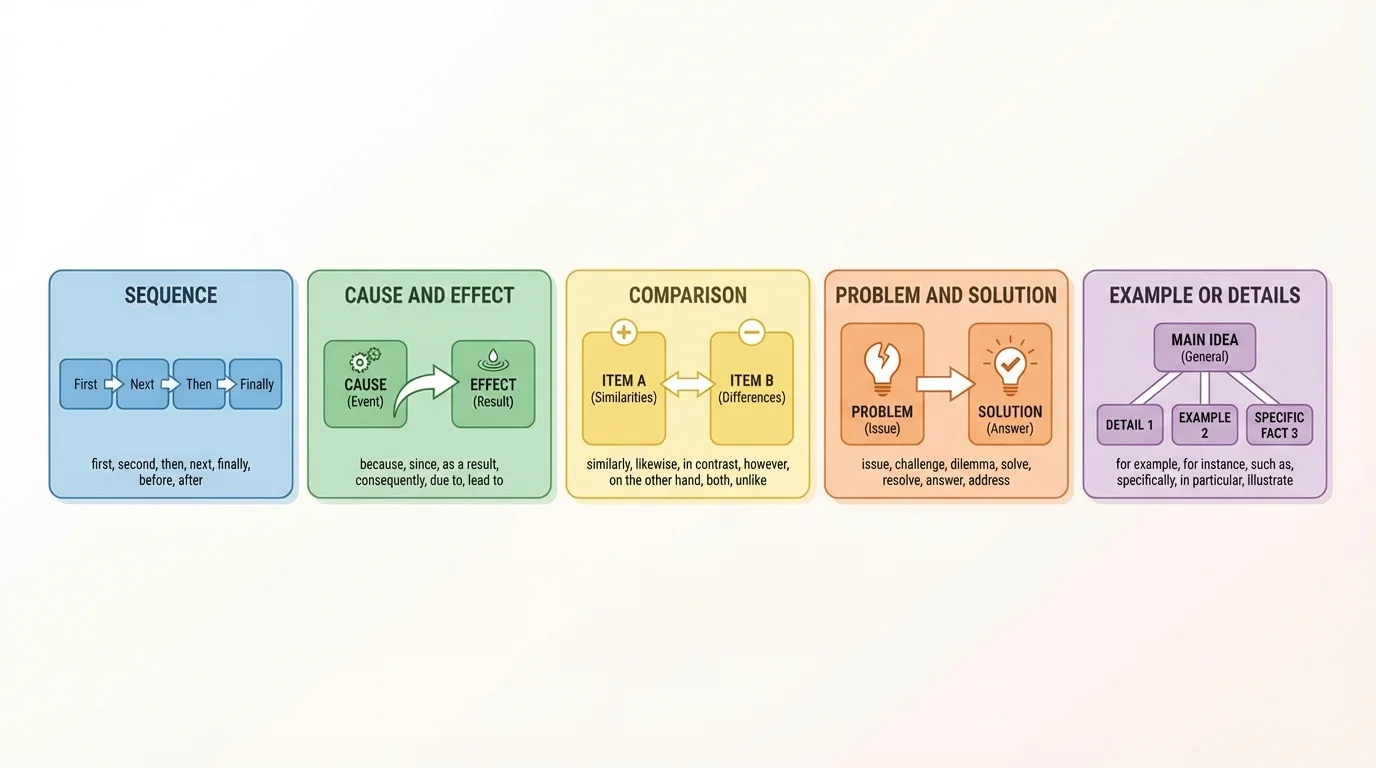chart with five boxes labeled sequence, cause and effect, comparison, problem and solution, and example or details, each with simple arrows and short clue words