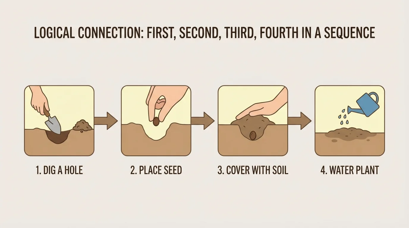 flowchart showing planting a seed in four steps: dig hole, place seed, cover with soil, water plant