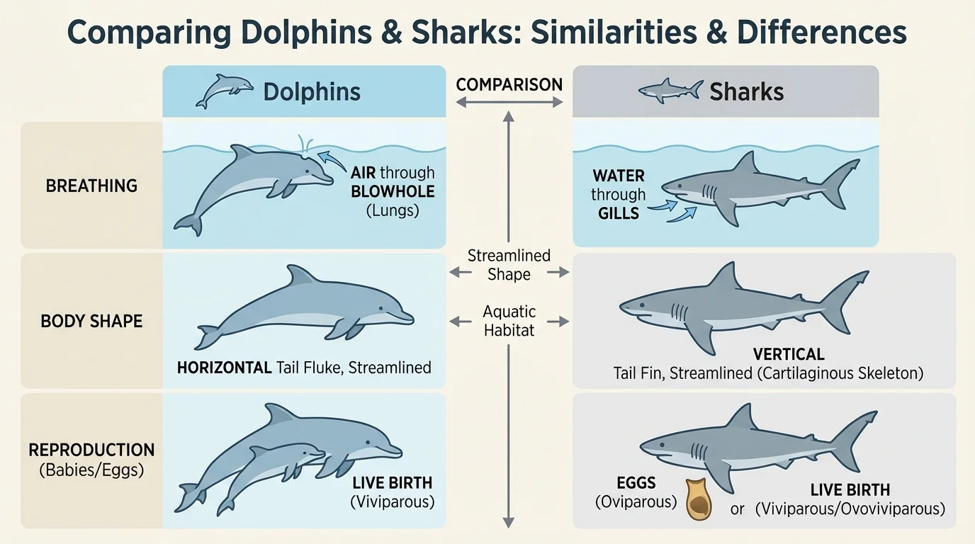 chart comparing dolphins and sharks with rows for breathing, body shape, and babies or eggs, showing similarities and differences