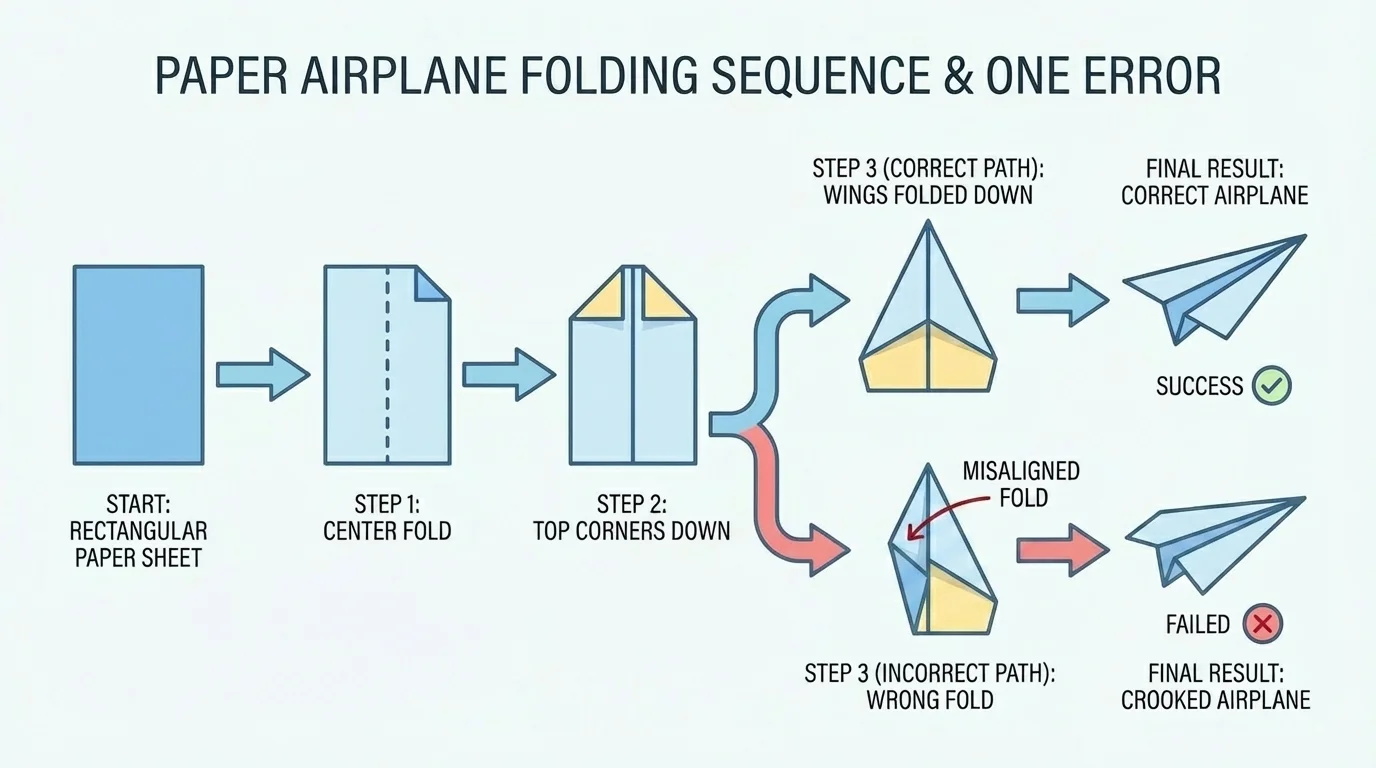flowchart of folding a paper airplane in four ordered steps, with one wrong fold leading to a crooked airplane