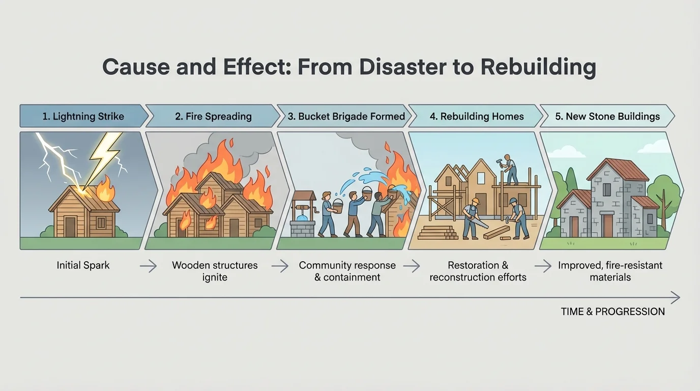 timeline showing lightning strike, fire spreading through town, neighbors forming a bucket brigade, rebuilding homes, and new stone buildings