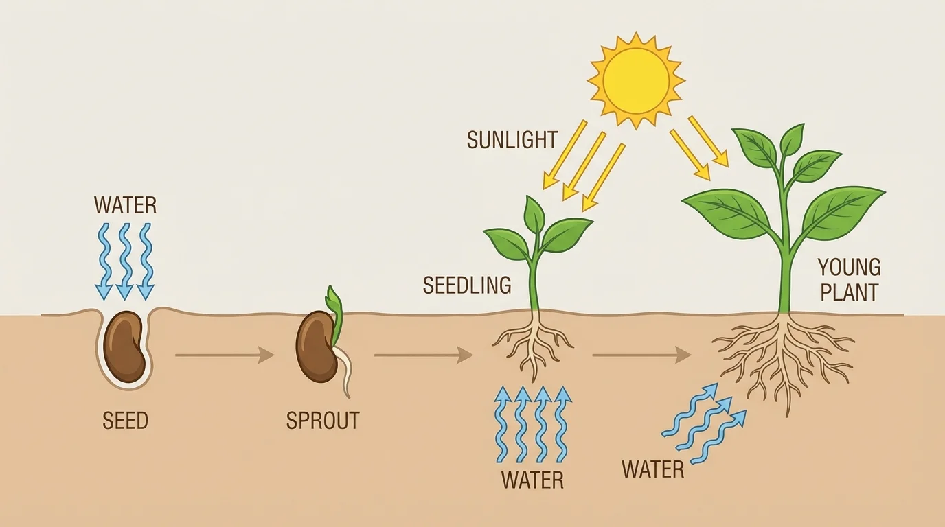 diagram of a seed changing into a sprout, seedling, and young plant with arrows and labels for water and sunlight