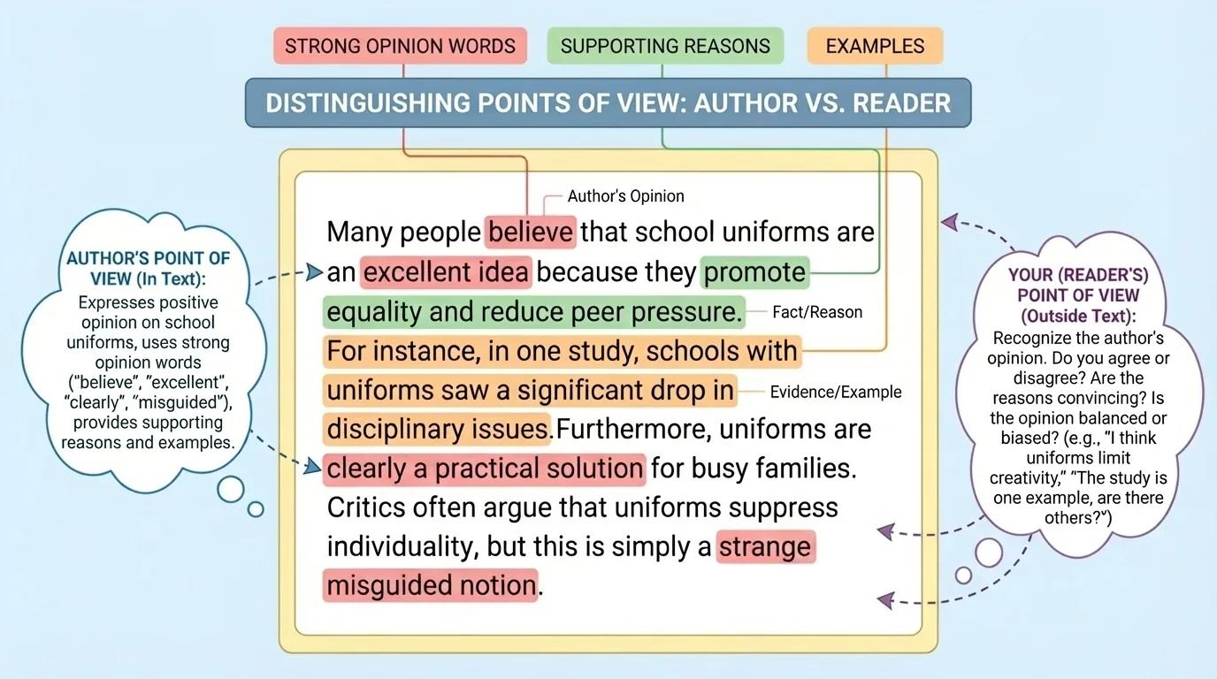 marked-up informational paragraph with strong opinion words, supporting reasons, and examples highlighted in different colors
