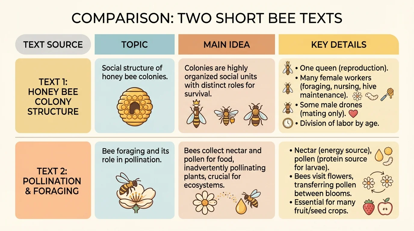 Comparison chart listing topic, main idea, and key details from two short bee texts