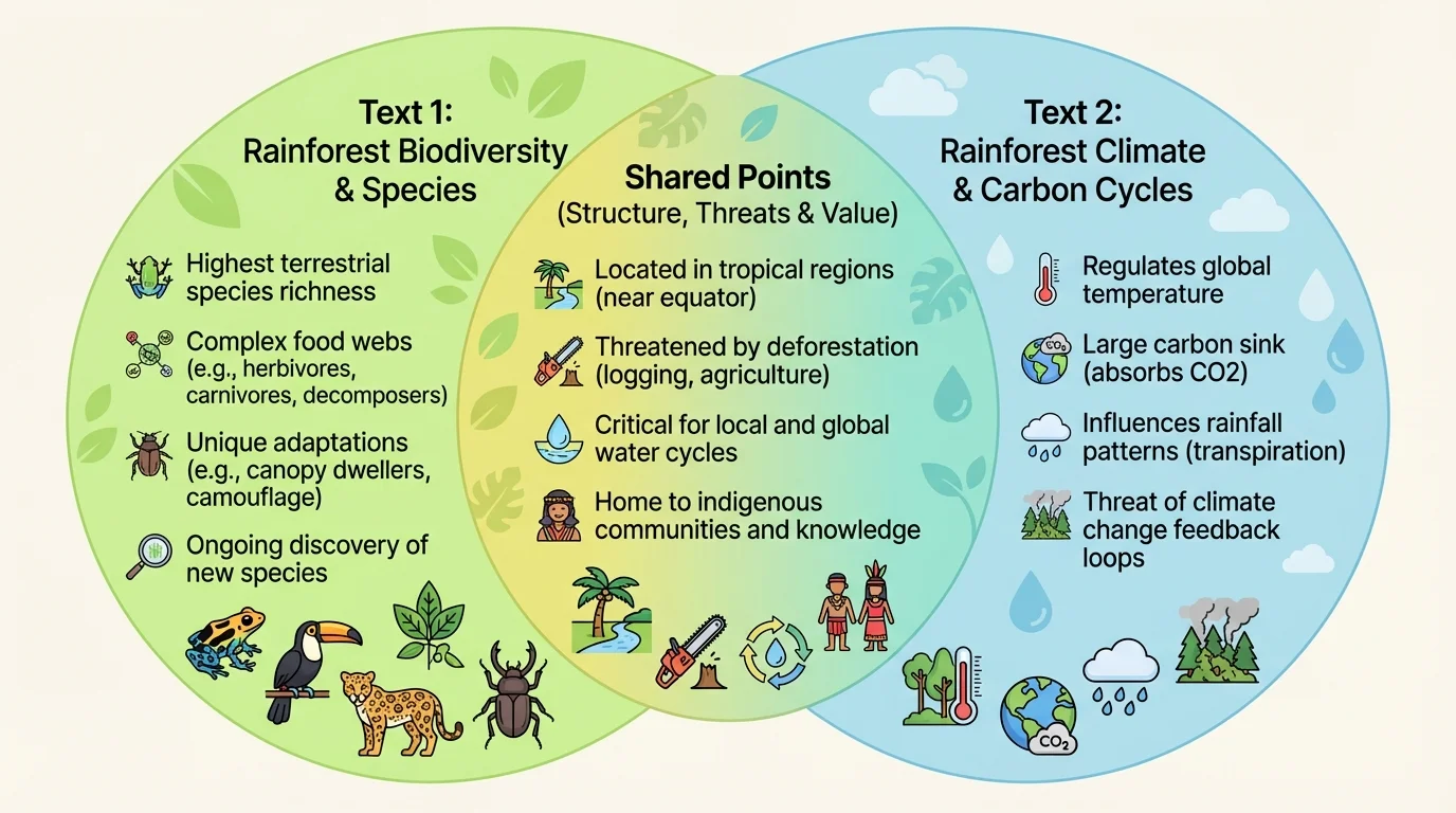 Venn-style comparison chart for two texts about rainforests with left-only, shared, and right-only details