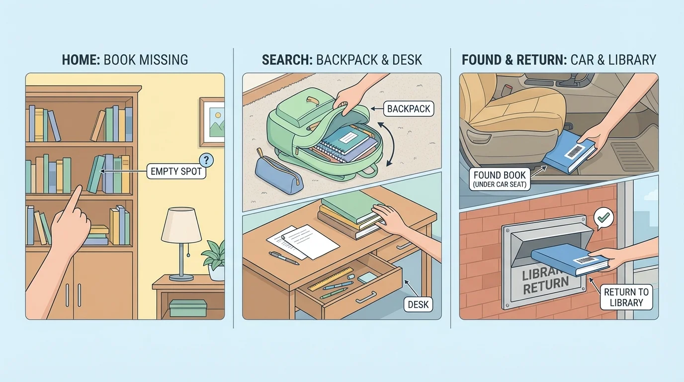 Three-box story sequence about a lost library book—book missing at home, search backpack and desk, find book under car seat and return it