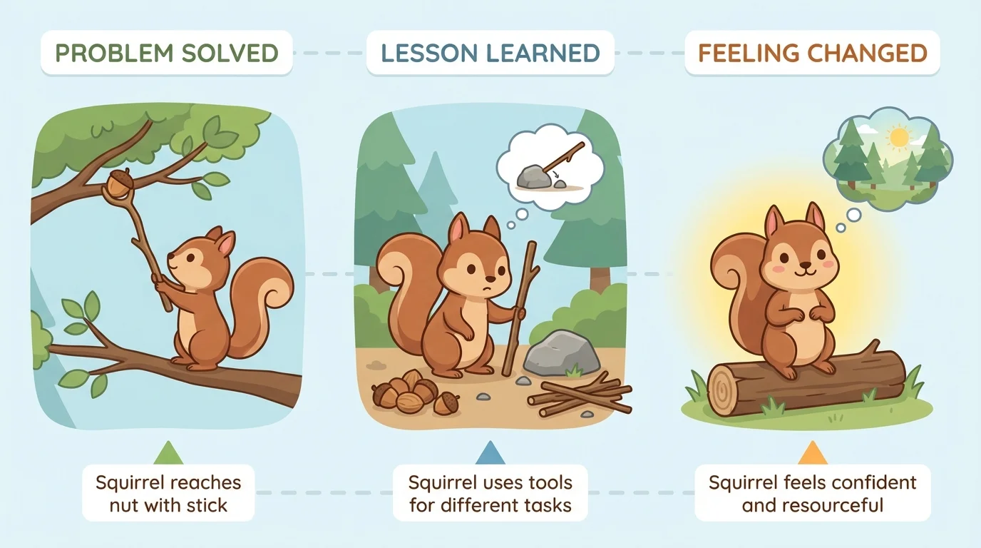 Three mini ending scenes labeled problem solved, lesson learned, and feeling changed, using simple child-friendly story moments