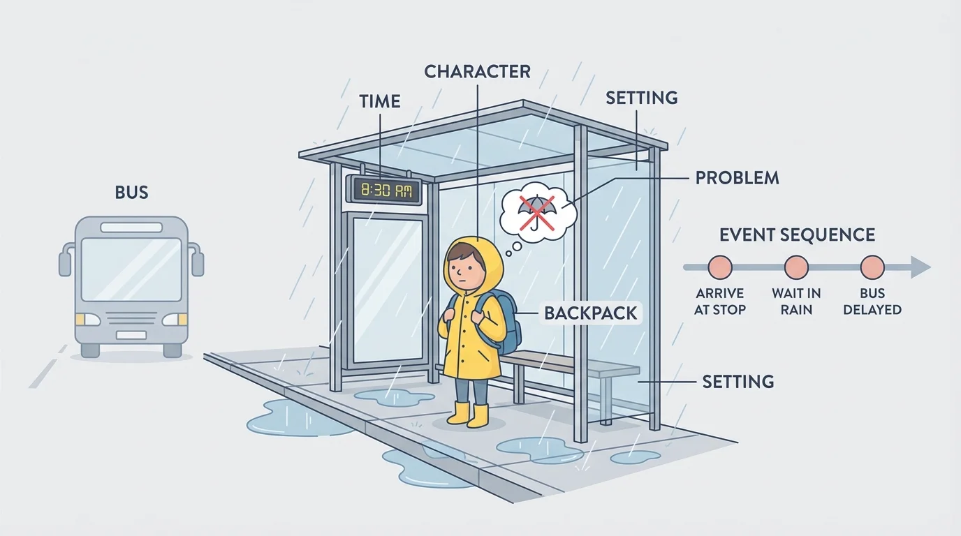 Child at a rainy bus stop with labels for character, setting, time, and problem such as backpack, morning, bus stop, and missing umbrella
