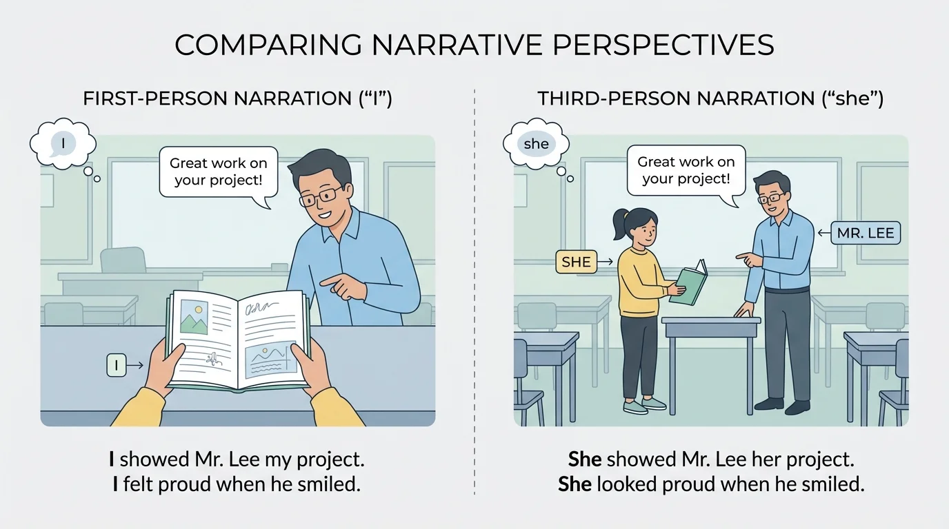 Side-by-side comparison of first-person and third-person narration using the same simple school scene, with labels 'I' and 'she'