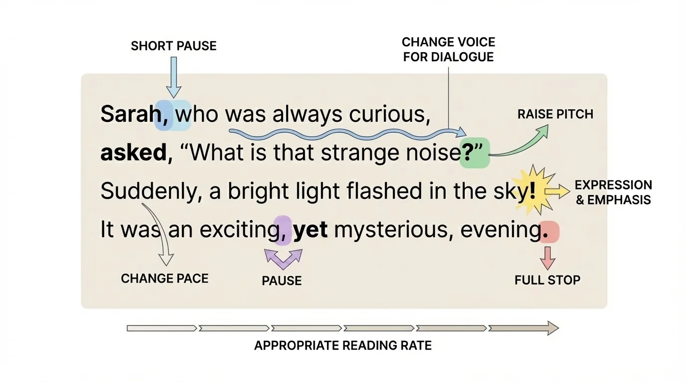 short prose paragraph with commas, period, question mark, exclamation mark, and dialogue marks highlighted, with arrows showing pauses and voice changes