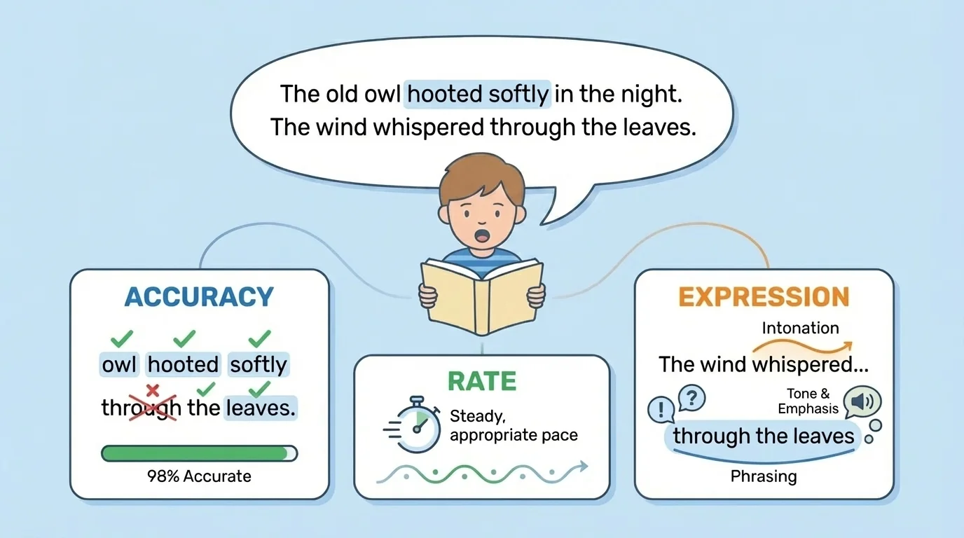 child reading a passage aloud with labels for accuracy, rate, and expression, including punctuation cues and smooth phrasing marks