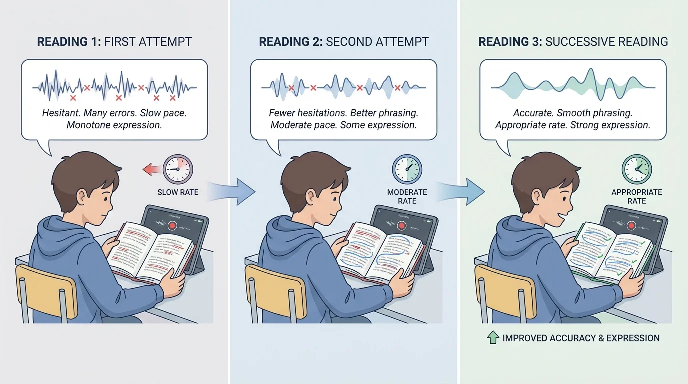 three panels of the same student reading the same passage on first, second, and third reading, showing fewer hesitations, better phrasing, and stronger expression