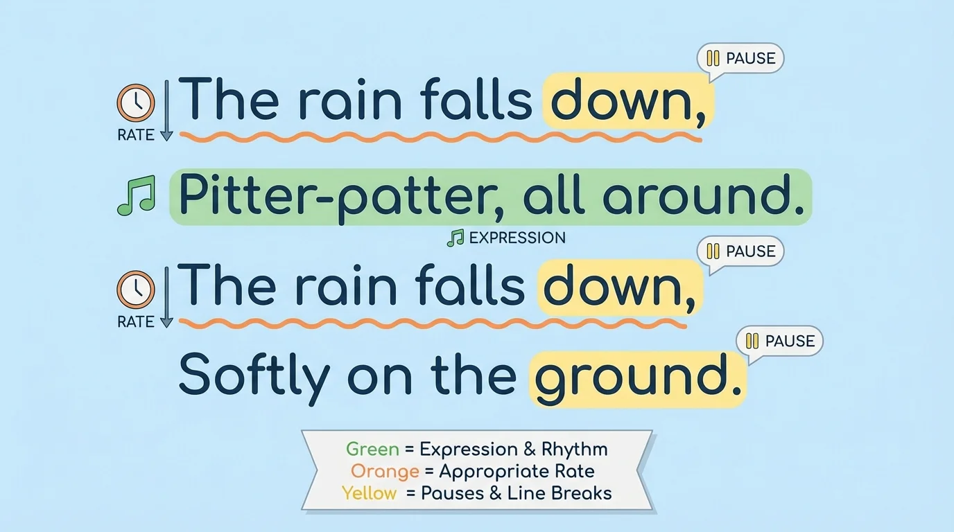 short poem with line breaks, repeated phrase, and emphasized words highlighted to show rhythm, pauses, and expression