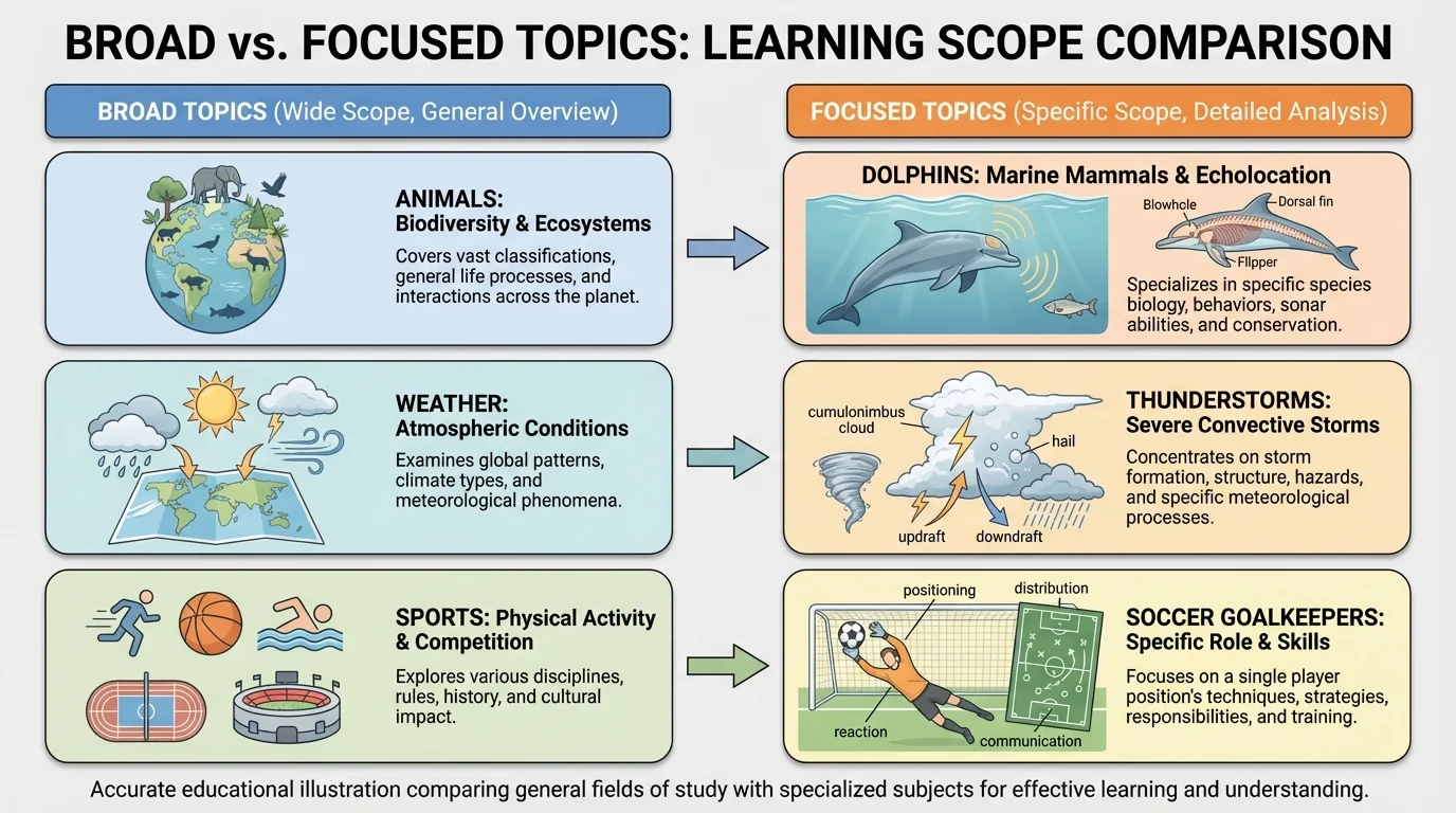 chart comparing broad topics such as animals, weather, and sports with focused topics such as dolphins, thunderstorms, and soccer goalkeepers