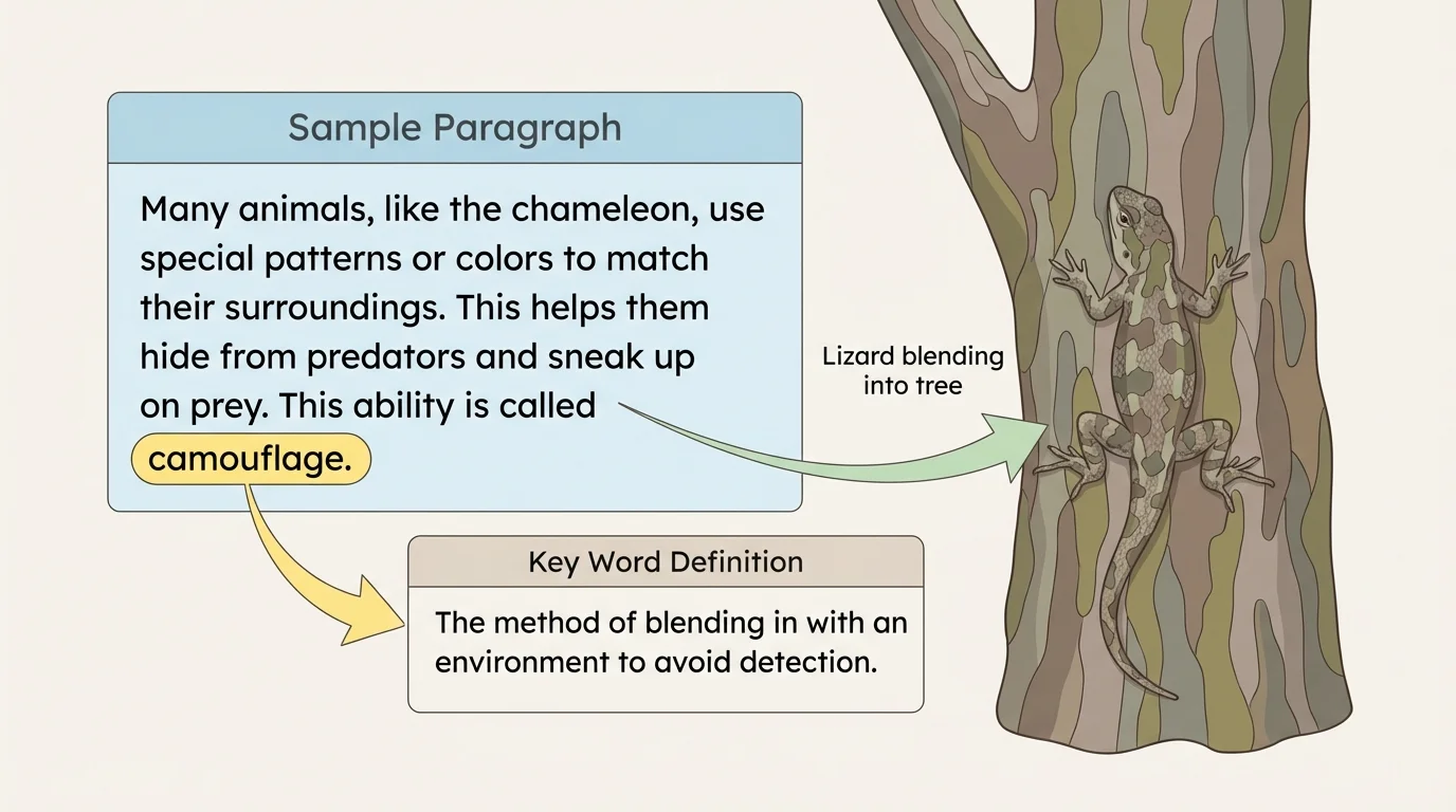 diagram of a sample paragraph about camouflage with the key word camouflage labeled and connected to a simple definition beside a lizard blending into a tree