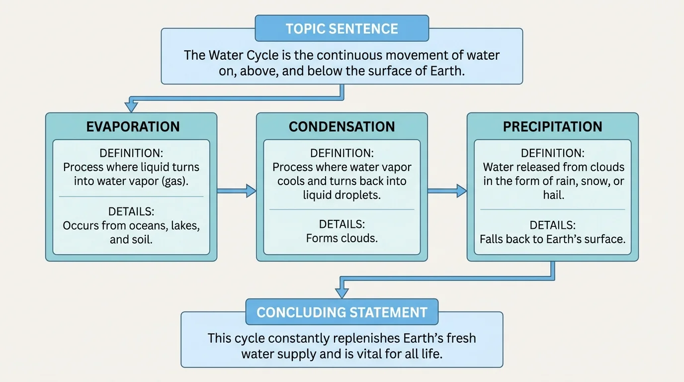 flowchart showing a topic sentence at the top, several boxes for facts definitions and details in the middle, and a concluding statement at the bottom