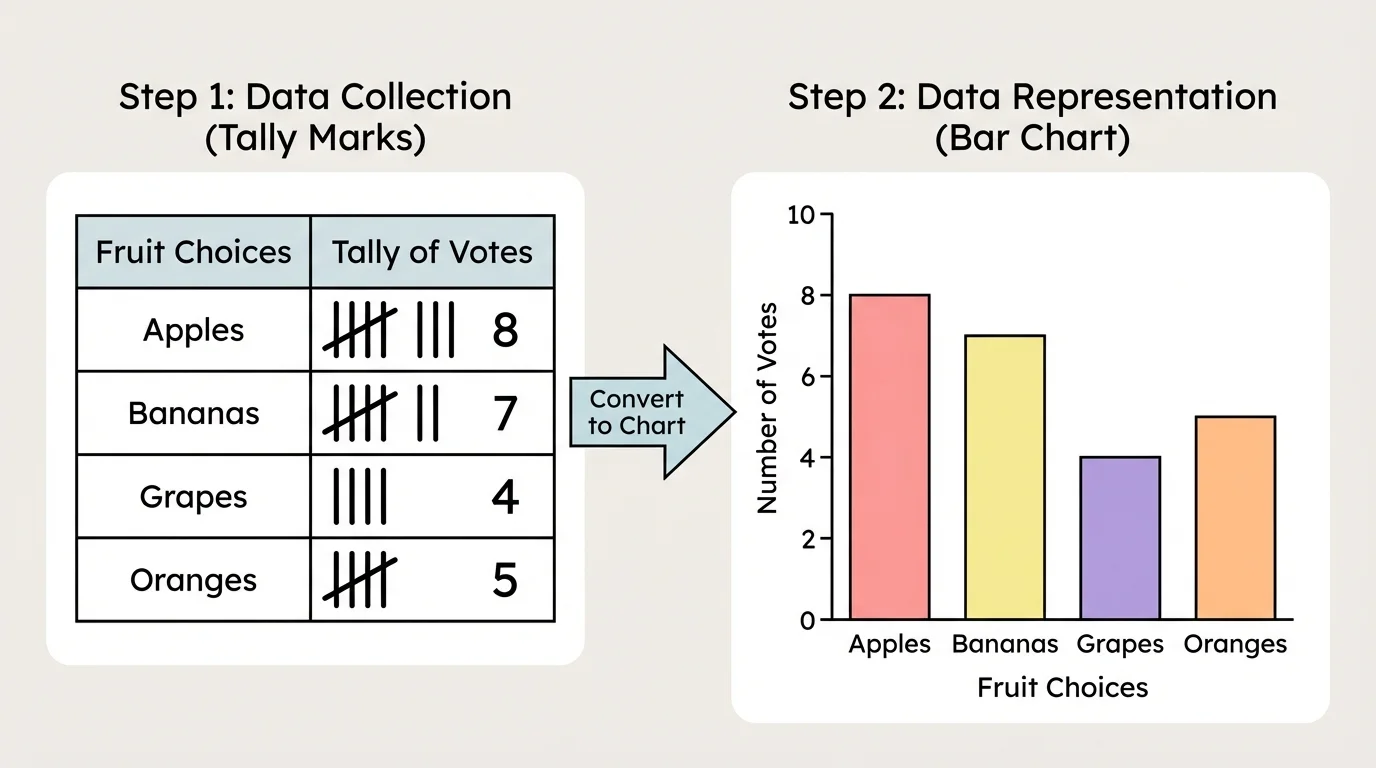 Sequence showing tally marks for favorite fruit choices and the finished bar chart with labeled axes and bars for apples, bananas, grapes, and oranges