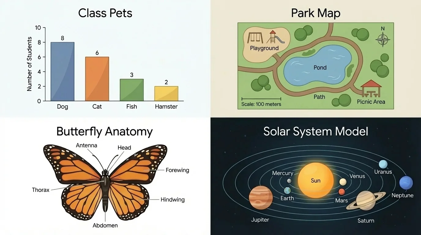 Four-panel comparison showing a bar chart of class pets, a simple park map, a labeled butterfly illustration, and a solar system model