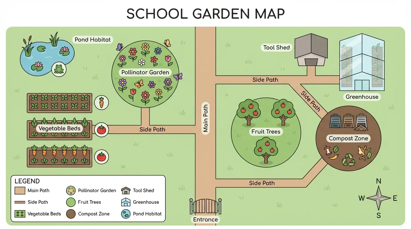 Simple school garden map with a title, compass rose, legend, path labels, and marked garden areas
