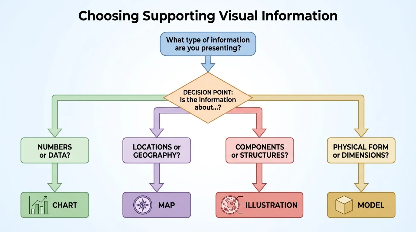Simple flowchart asking whether information is about numbers, places, parts, or size and shape, leading to chart, map, illustration, or model