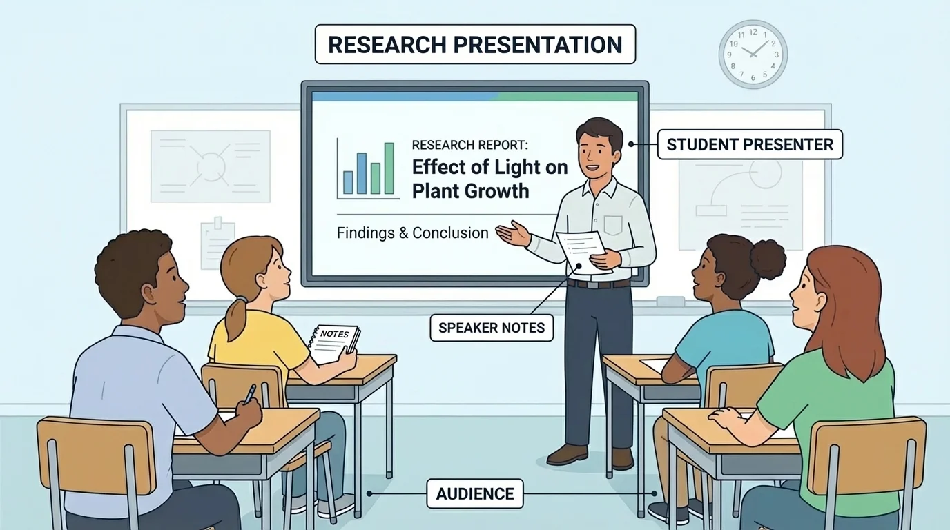 illustration of a student presenter standing tall, making eye contact with several classmates, holding notes low, and speaking to a seated audience