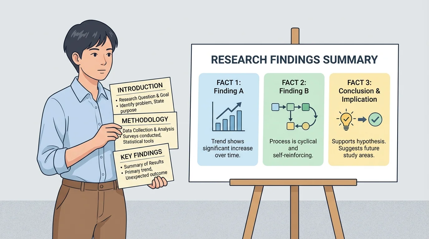 illustration of a student holding note cards with short bullet points beside a simple poster showing three labeled facts about a research topic