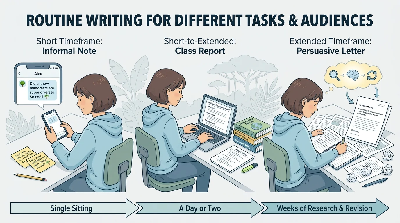 illustration of one student writing about rainforests in three ways: note to a friend, report for class, and persuasive letter to protect forests