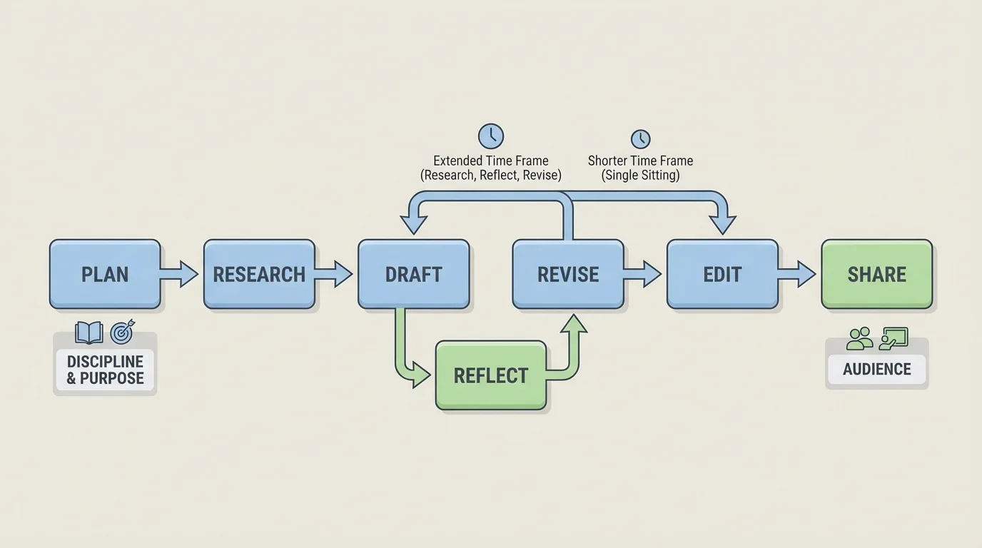 flowchart with boxes for plan, research, draft, reflect, revise, edit, and share connected by arrows