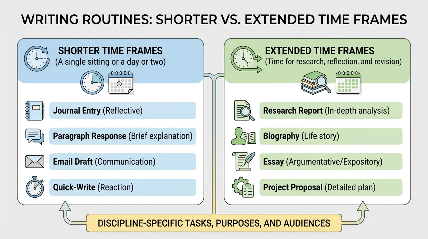 chart comparing quick-write tasks done in one sitting with longer projects done over several days, including examples like journal entry, paragraph response, report, and biography