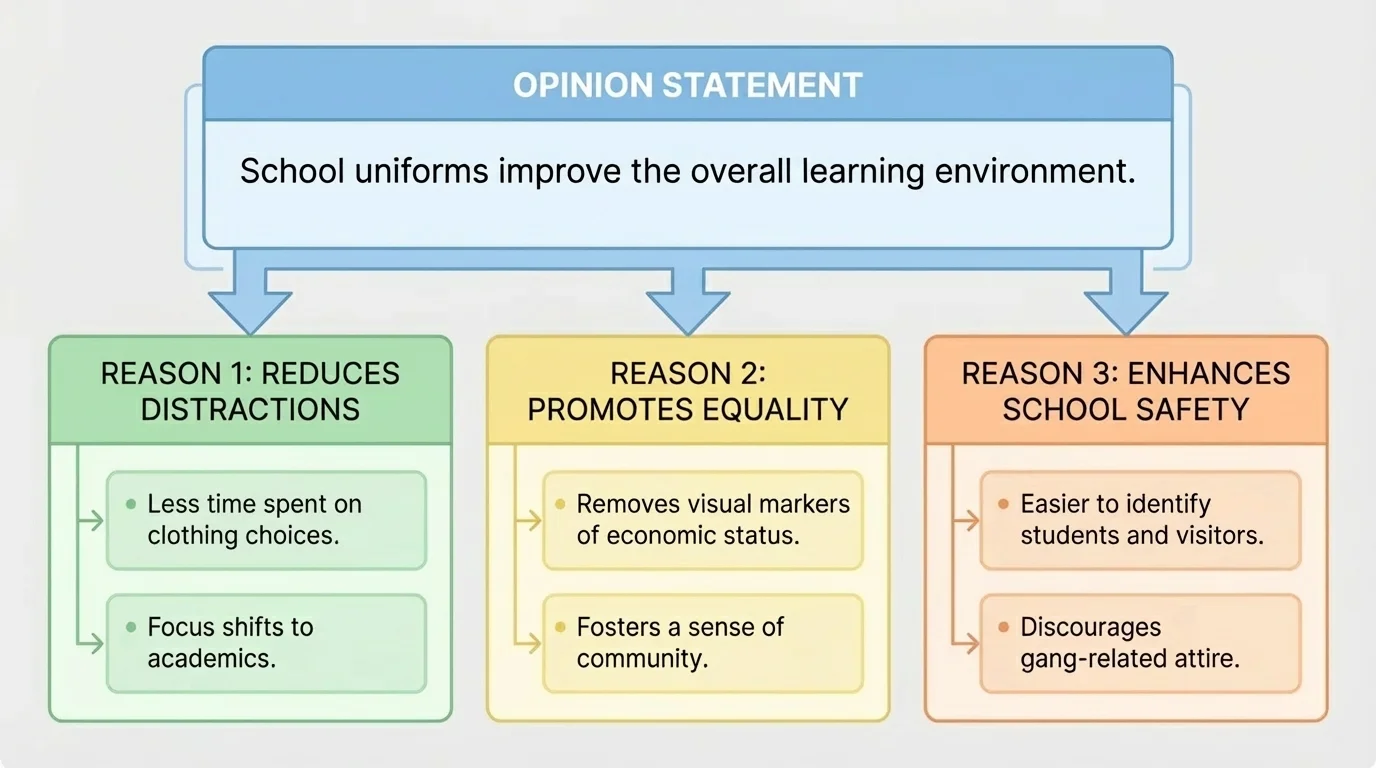 one opinion statement at the top with three grouped reason boxes below, each containing matching supporting details