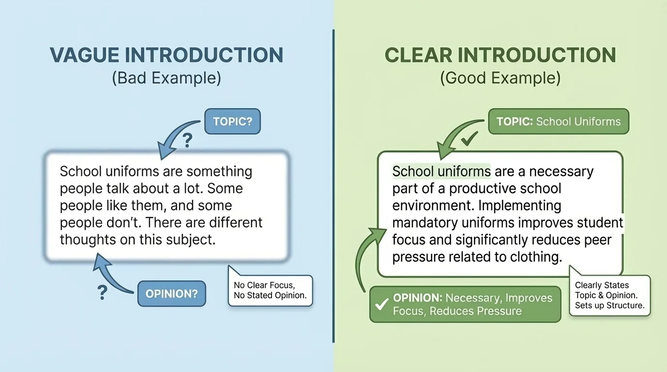 side-by-side comparison of a vague introduction and a clear introduction for a school uniform opinion piece, with labels for topic and opinion