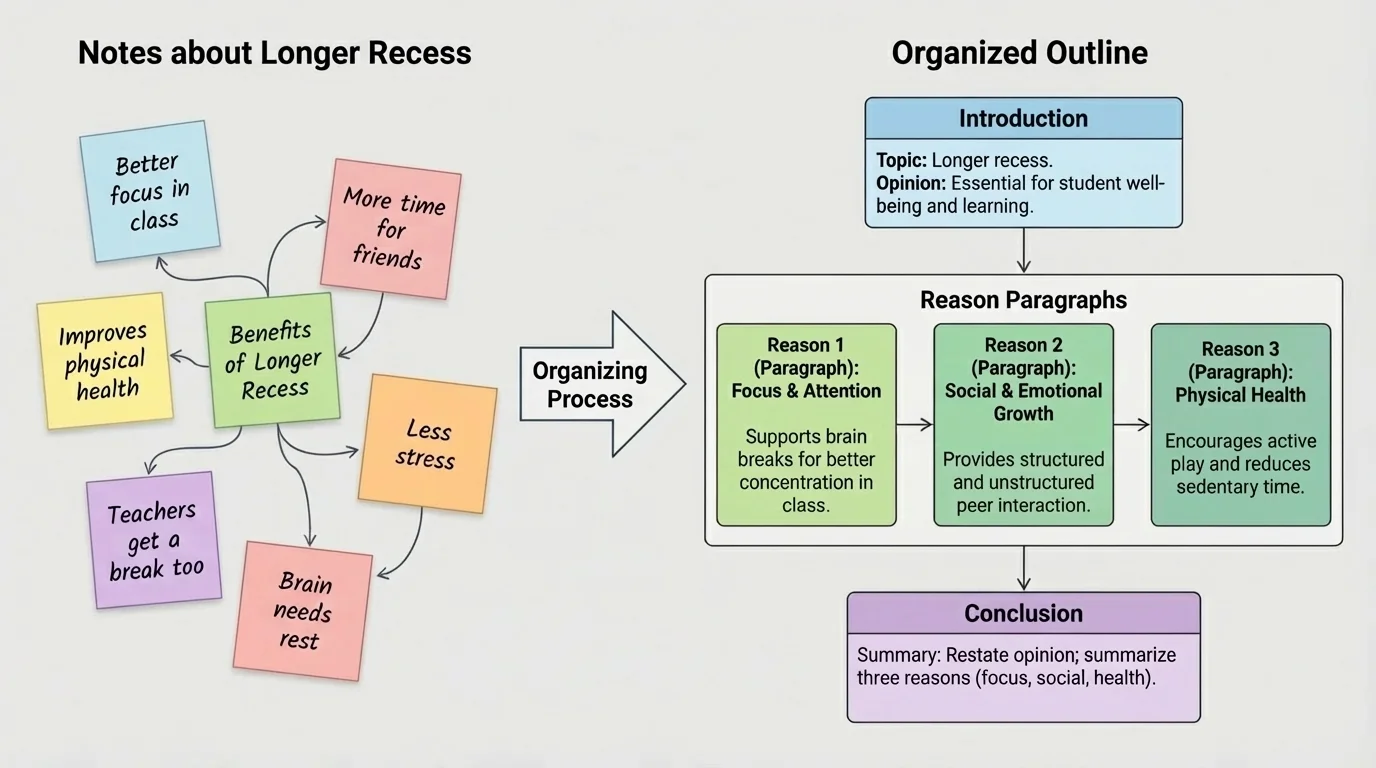 notes about longer recess turning into an organized outline with introduction, three reason paragraphs, and conclusion