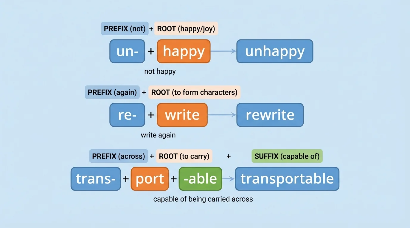 word-building diagram showing prefix root and suffix in words like unhappy, rewrite, and transportable with each part labeled