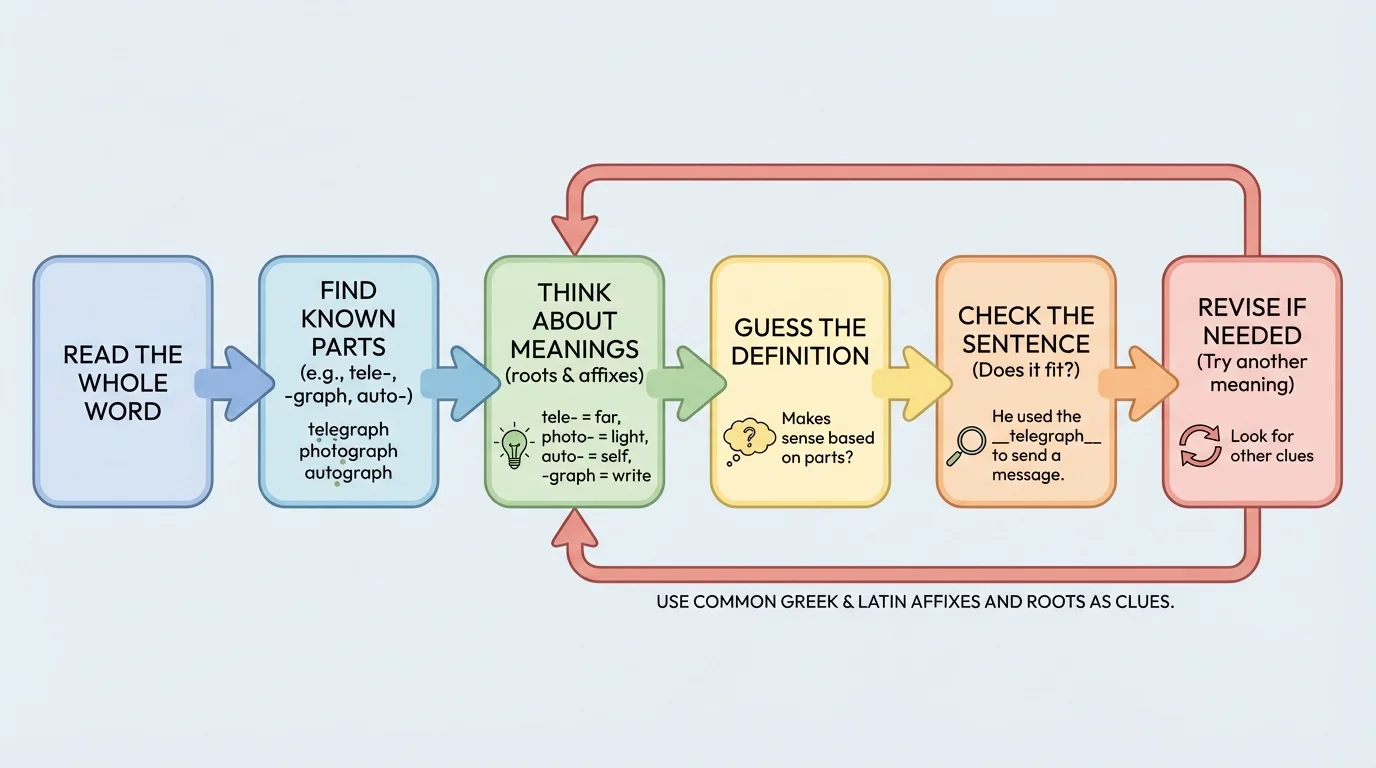 flowchart showing read the whole word, find known parts, think about meanings, guess the definition, check the sentence, revise if needed