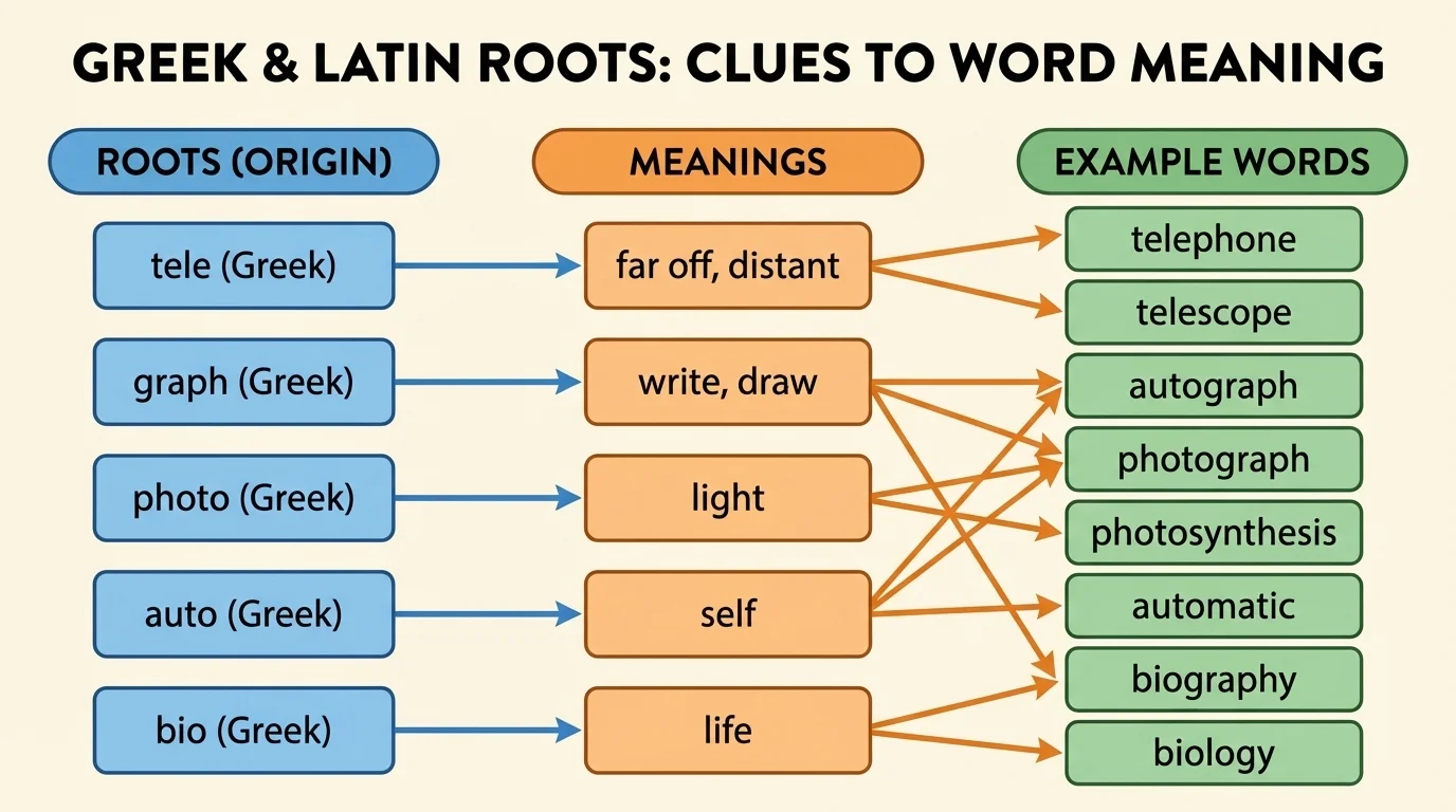 chart linking roots tele, graph, photo, auto, and bio to their meanings and example words with arrows