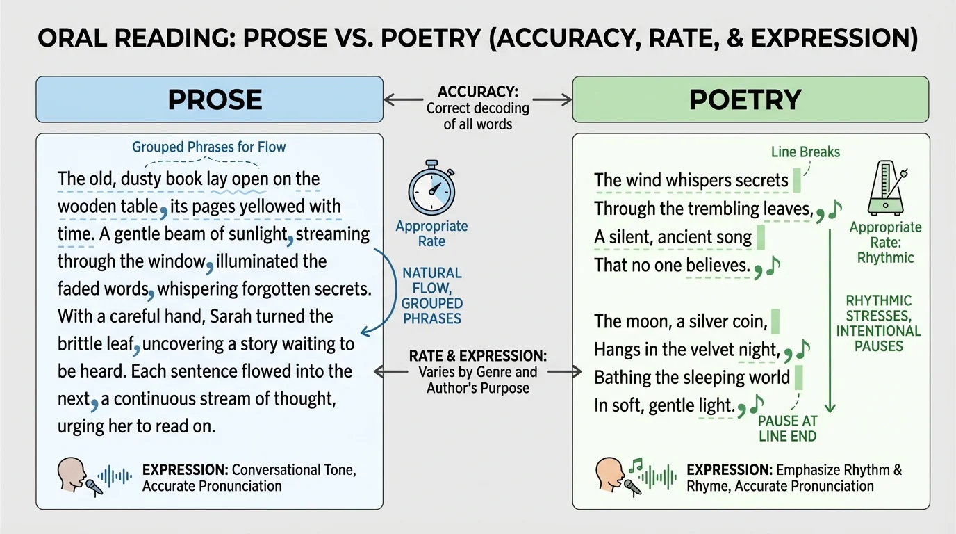 chart comparing a short prose paragraph and a short poem with line breaks, grouped phrases, and pause marks