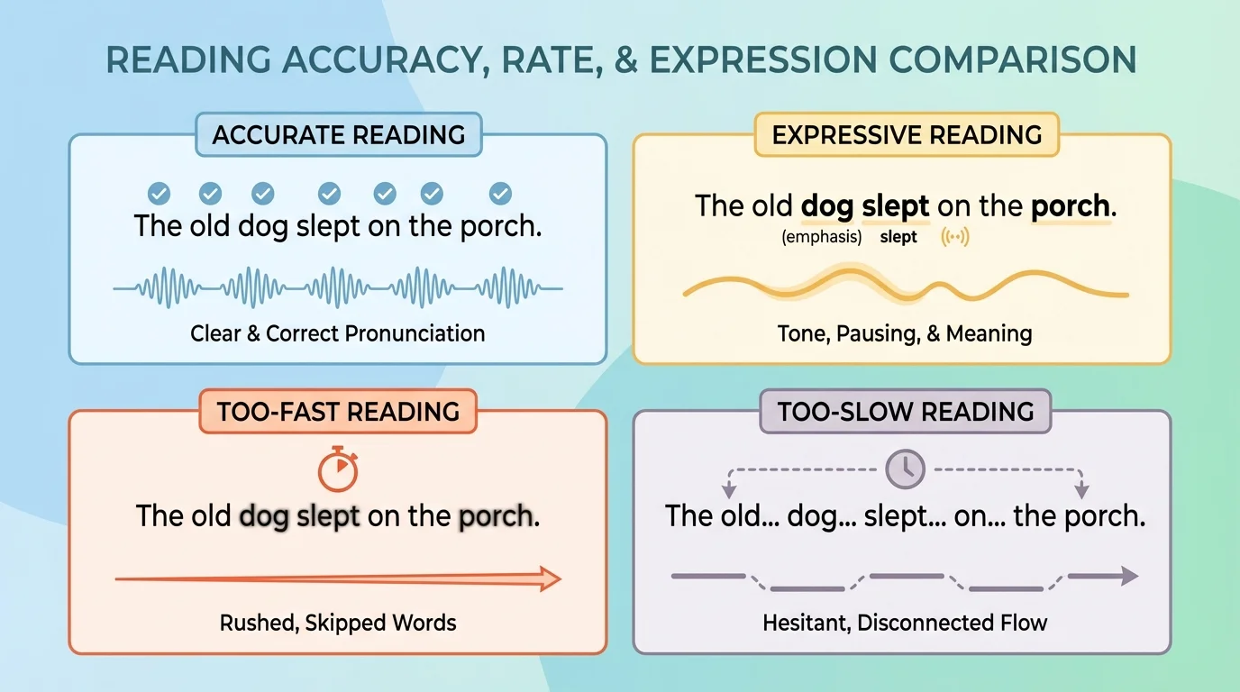 chart comparing accurate reading, too-fast and too-slow reading, and expressive reading using short sample lines with simple labels