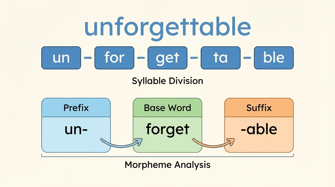 diagram of the word unforgettable split into un-for-get-ta-ble with prefix, base word, suffix, and syllable divisions labeled