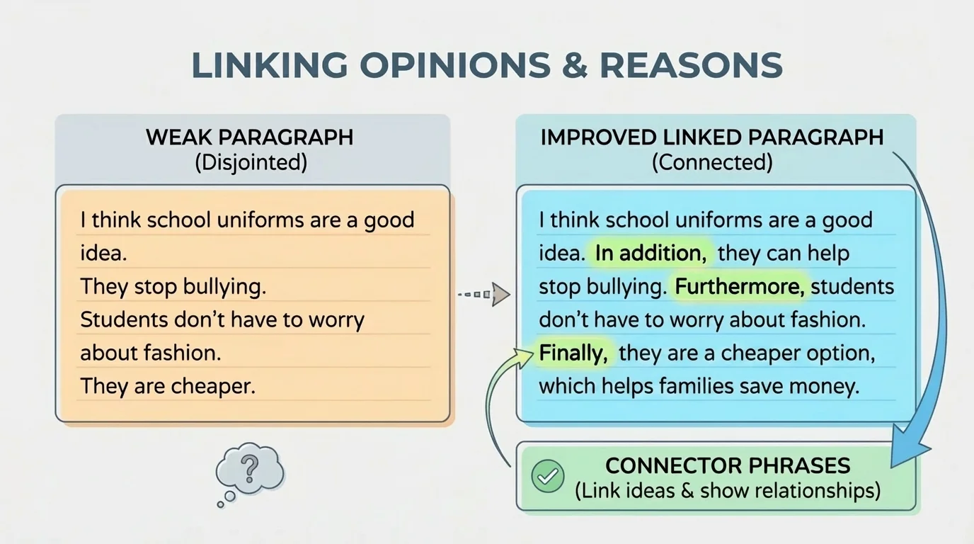 comparison chart showing short weak school-uniform paragraph on left and improved linked paragraph on right with connectors highlighted