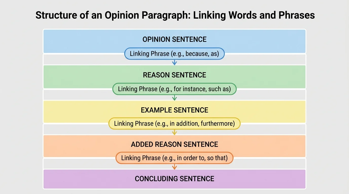 diagram of one opinion paragraph with color bands labeling opinion sentence, reason sentence, example sentence, added reason sentence, and concluding sentence