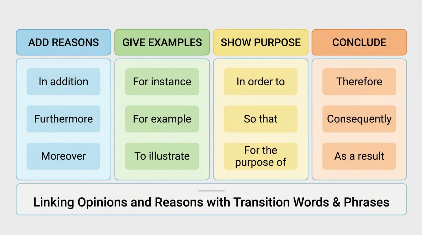 chart with four columns labeled add reasons, give examples, show purpose, and conclude, each with sample phrases like in addition, for instance, in order to, therefore