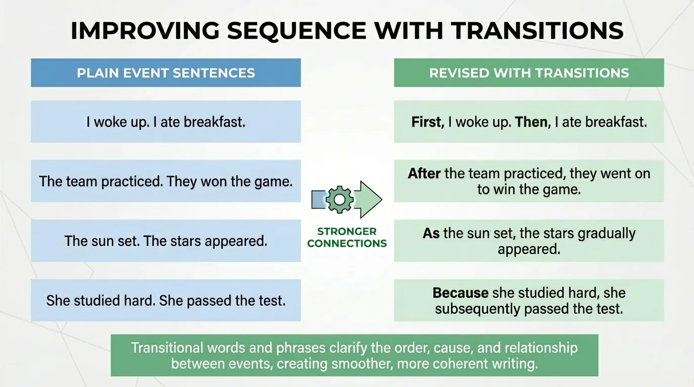 Comparison chart showing plain event sentences revised with stronger transitional words and phrases