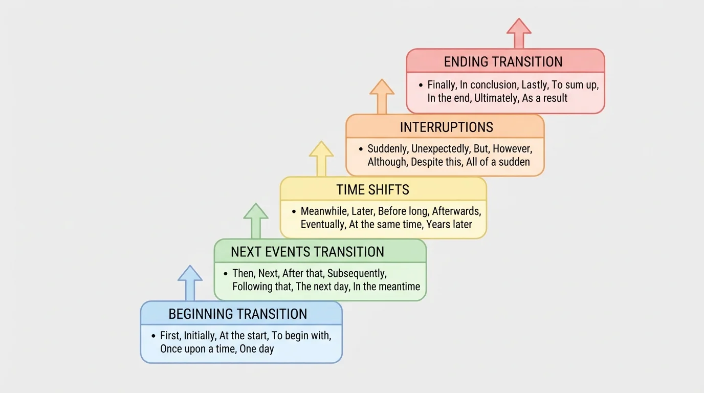 Sequence ladder with transition groups: beginning, next events, time shifts, interruptions, and ending