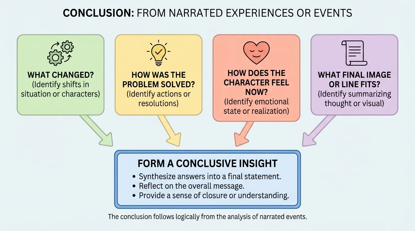 Flowchart showing questions What changed? How was the problem solved? How does the character feel now? What final image or line fits?