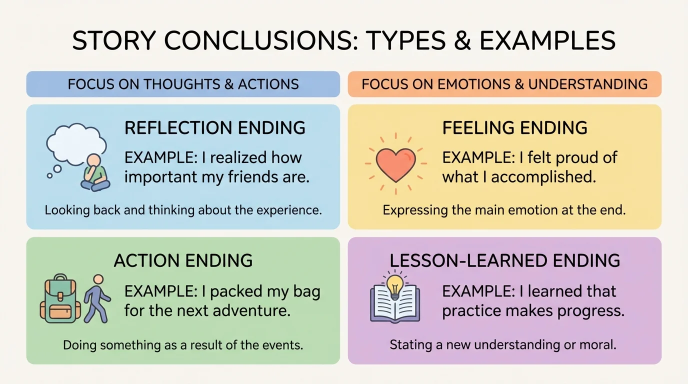 Chart comparing reflection ending, action ending, feeling ending, and lesson-learned ending using short kid-friendly examples