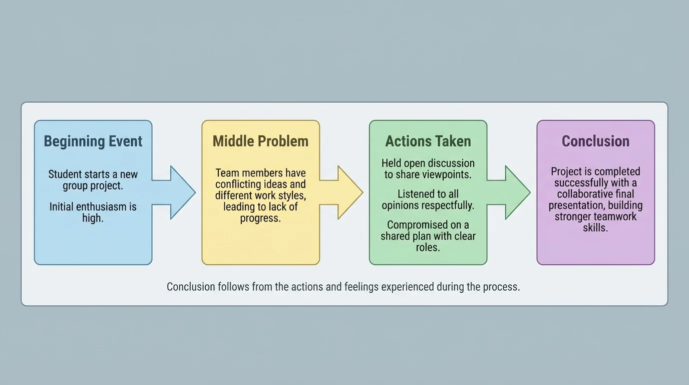 Flowchart with boxes labeled beginning event, middle problem, actions taken, and conclusion that matches the actions and feelings