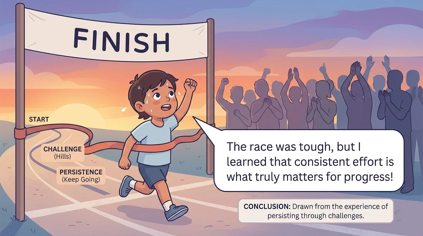 Illustration of a child finishing a race and speaking a final line while noticing cheering crowd and sunset, highlighting dialogue and sensory details