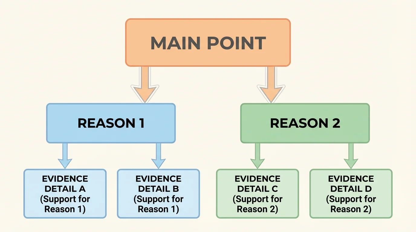 Flowchart showing one main point at the top, two reasons beneath it, and evidence details under each reason
