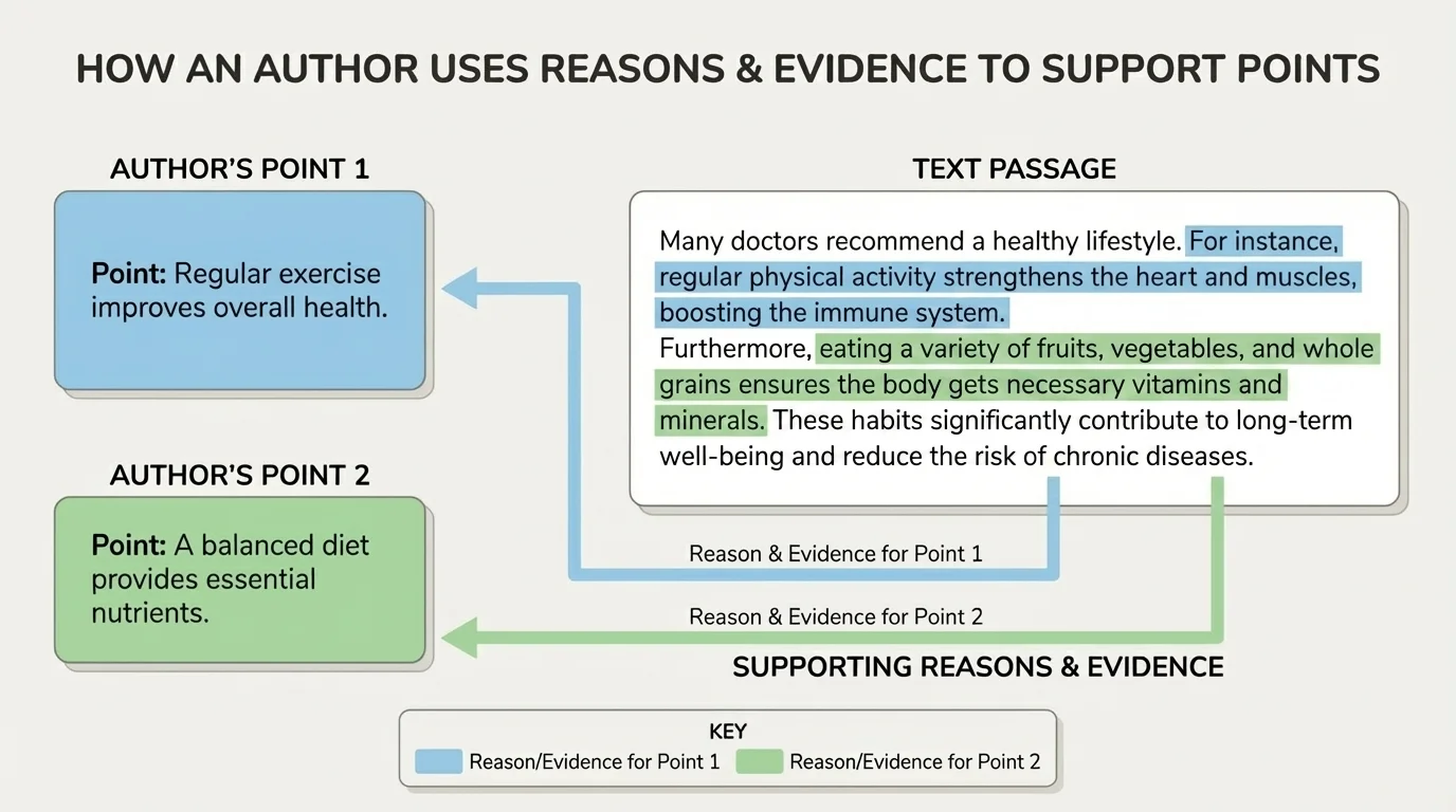 Chart showing a short paragraph with sentences highlighted in two colors, each color connected to a different point