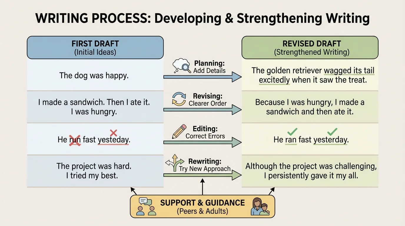 chart comparing first draft sentences and revised sentences with arrows showing added details and clearer order